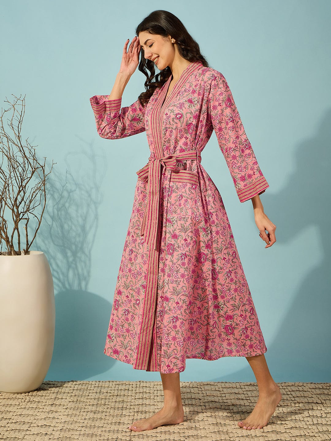 The Kaftan Company Sleep Gowns Floral Pink Cotton Wrap Night Gown