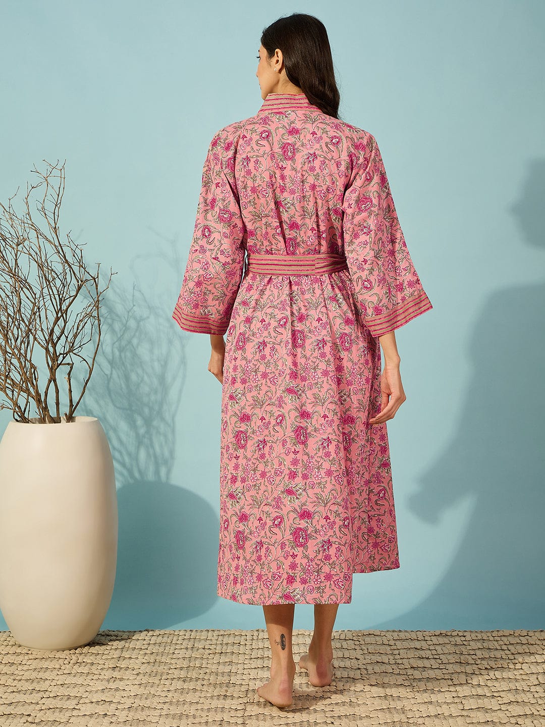 The Kaftan Company Sleep Gowns Floral Pink Cotton Wrap Night Gown