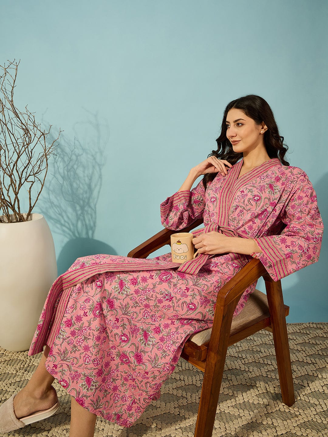 The Kaftan Company Sleep Gowns Floral Pink Cotton Wrap Night Gown