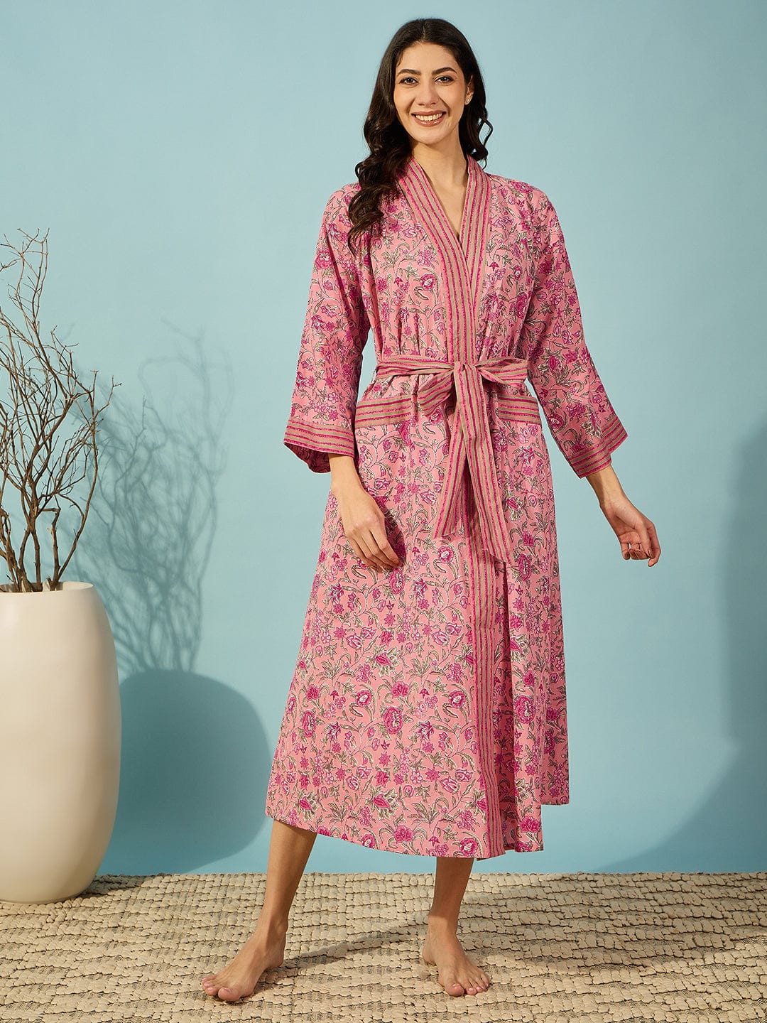 The Kaftan Company Sleep Gowns Floral Pink Cotton Wrap Night Gown