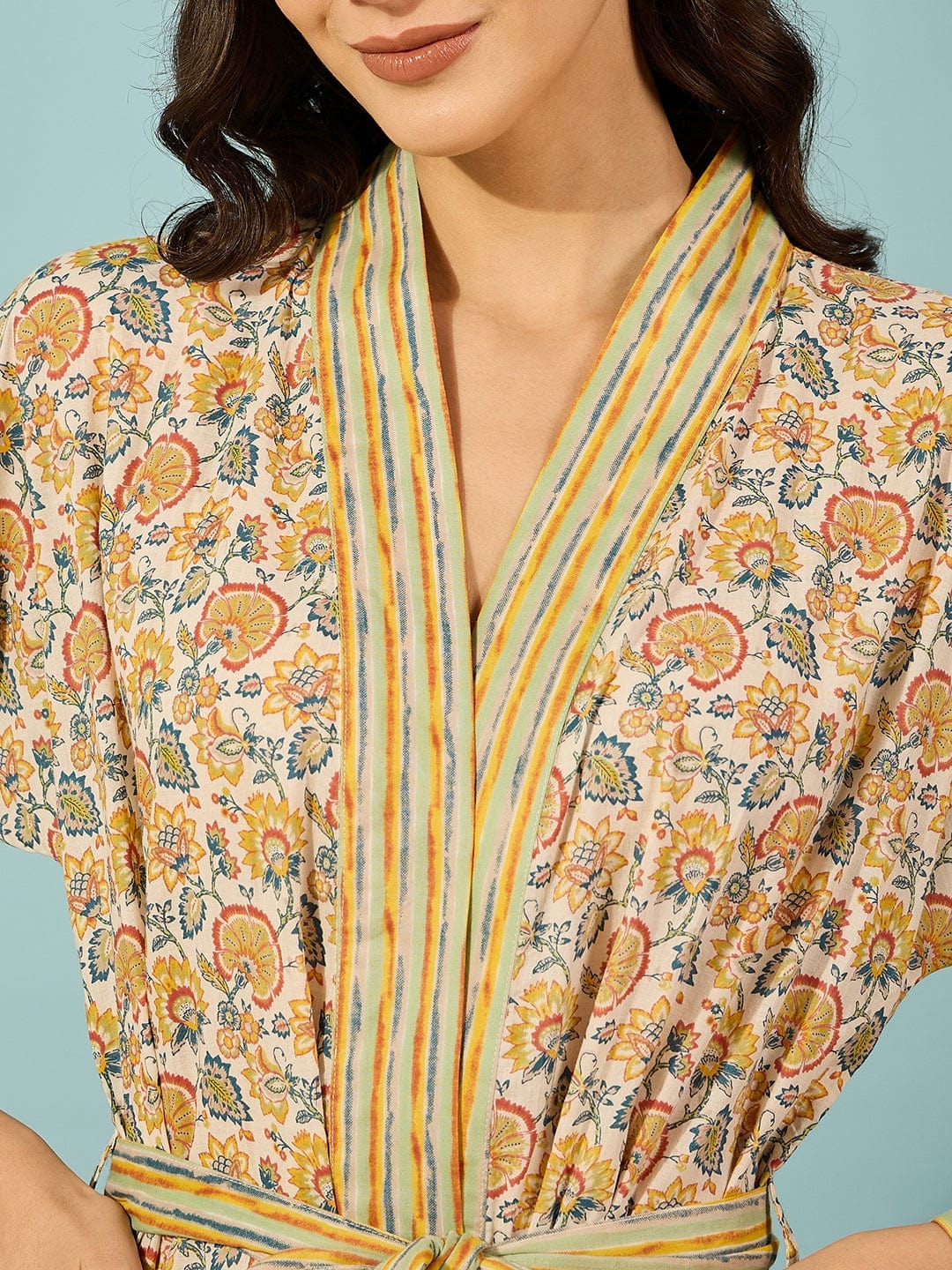 The Kaftan Company Sleep Gowns Floral Yellow Cotton Wrap Night Gown