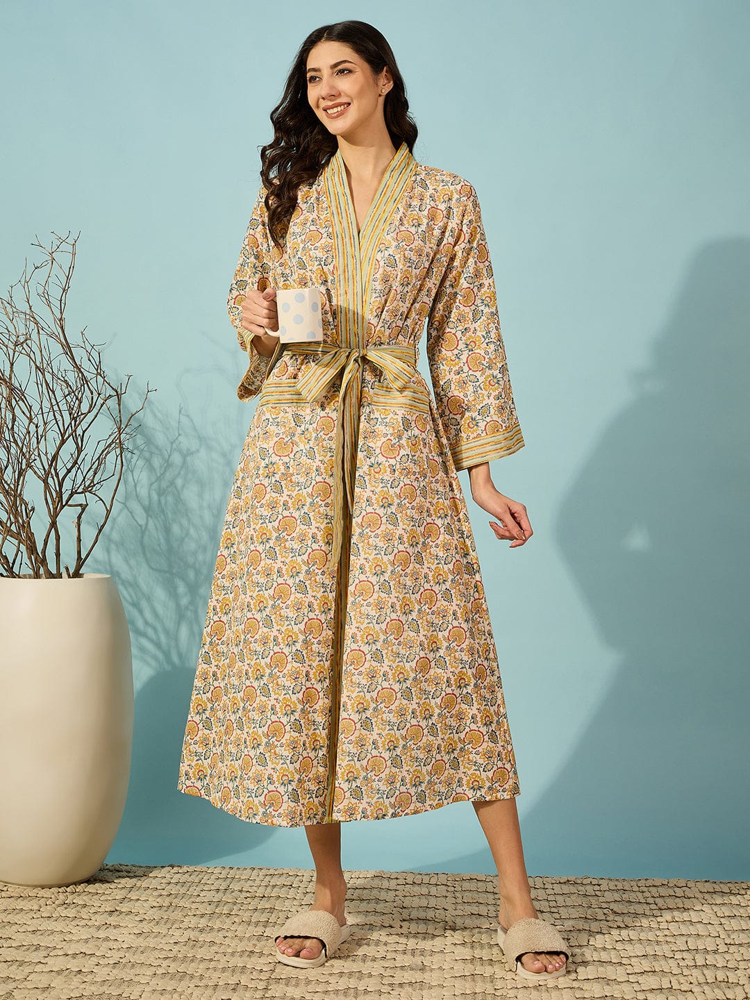 The Kaftan Company Sleep Gowns Floral Yellow Cotton Wrap Night Gown