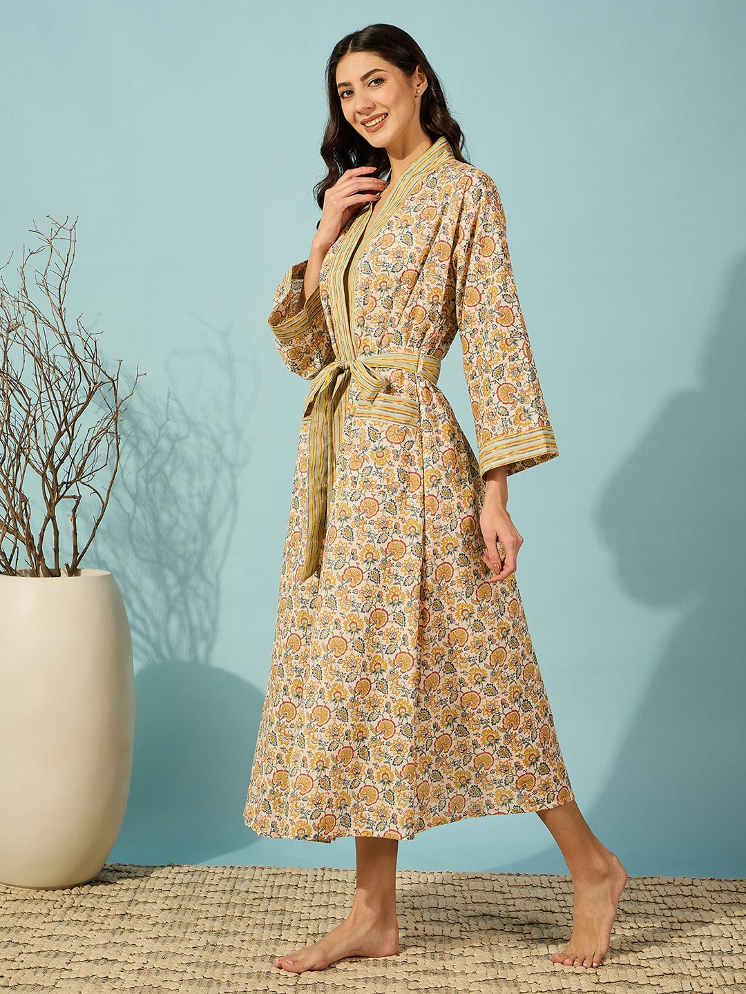 The Kaftan Company Sleep Gowns Floral Yellow Cotton Wrap Night Gown