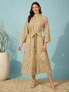 The Kaftan Company Sleep Gowns Floral Yellow Cotton Wrap Night Gown