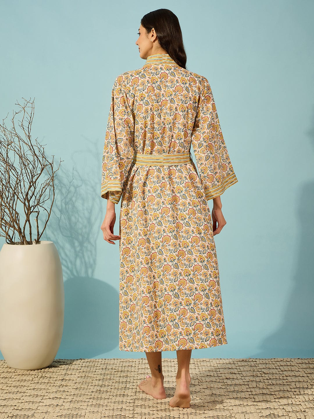 The Kaftan Company Sleep Gowns Floral Yellow Cotton Wrap Night Gown