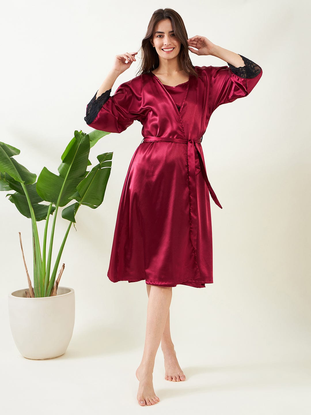 The Kaftan Company Sleep Gowns Maroon Laced Up Gown-Set