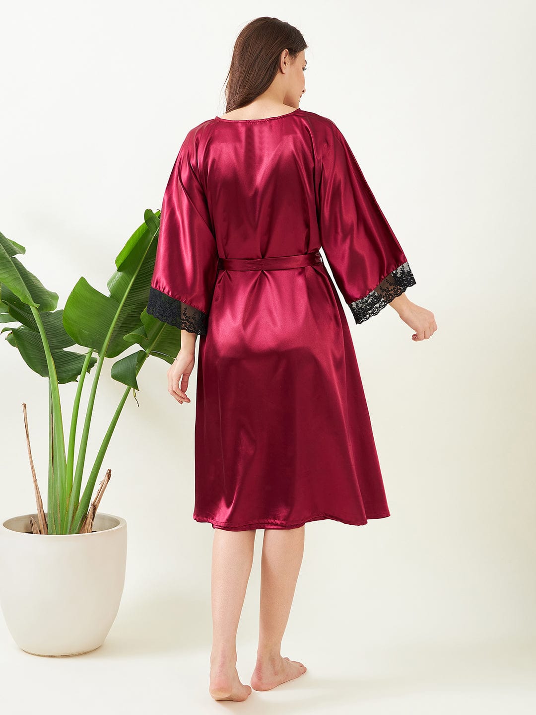 The Kaftan Company Sleep Gowns Maroon Laced Up Gown-Set