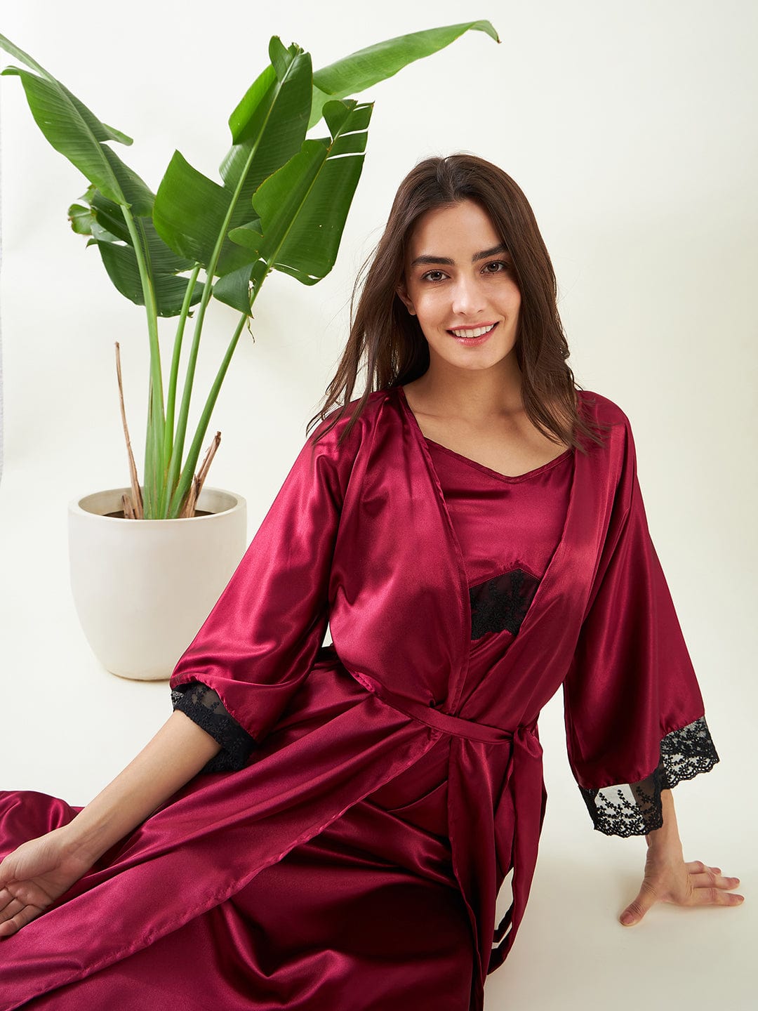 The Kaftan Company Sleep Gowns Maroon Laced Up Gown-Set