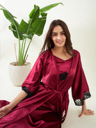 The Kaftan Company Sleep Gowns Maroon Laced Up Gown-Set