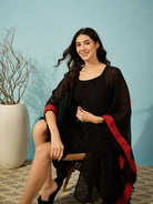 The Kaftan Company Sleep Gowns Red Polka  Border Black Georgette Dobby Gown and Slip Set