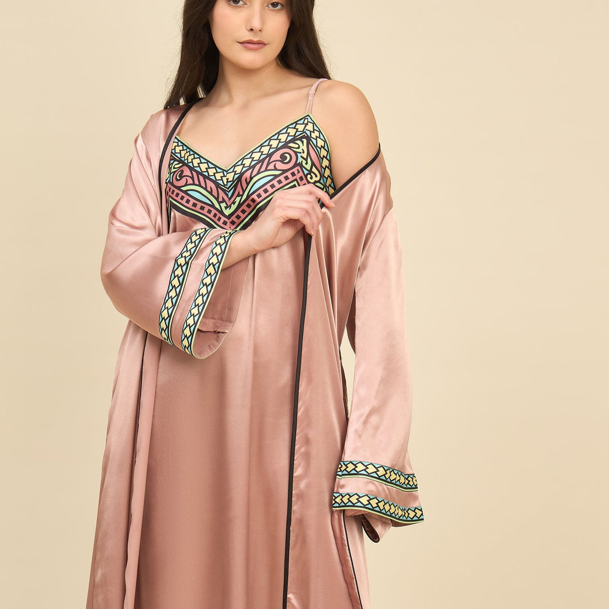 Rose Gold Satin Gown Set with Printed Border Trim & Robe – Bridal Inti ...