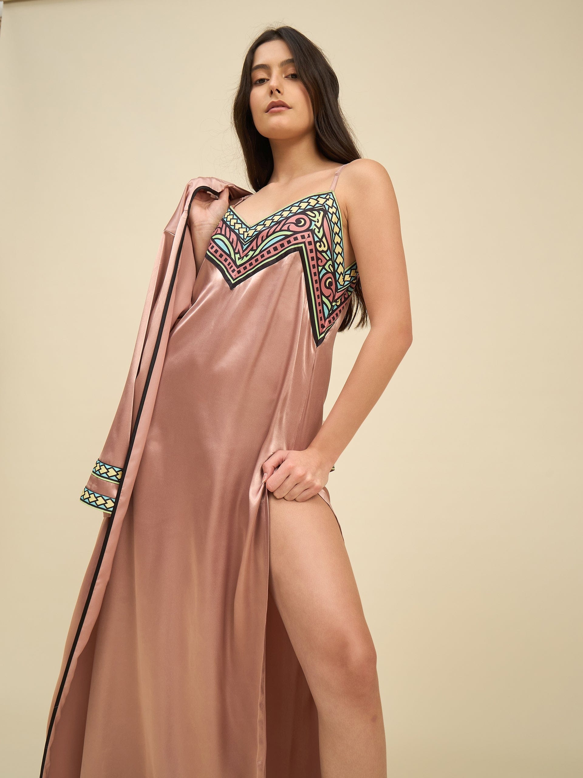Rose Gold Silky Night Wear Bridal Slip Dress Cover-up Set Feather Lace Satin Two-Piece Rose Gold Silky Night Wear Bridal Slip Dress Cover-up Set Feather Lace Satin Two-Piece