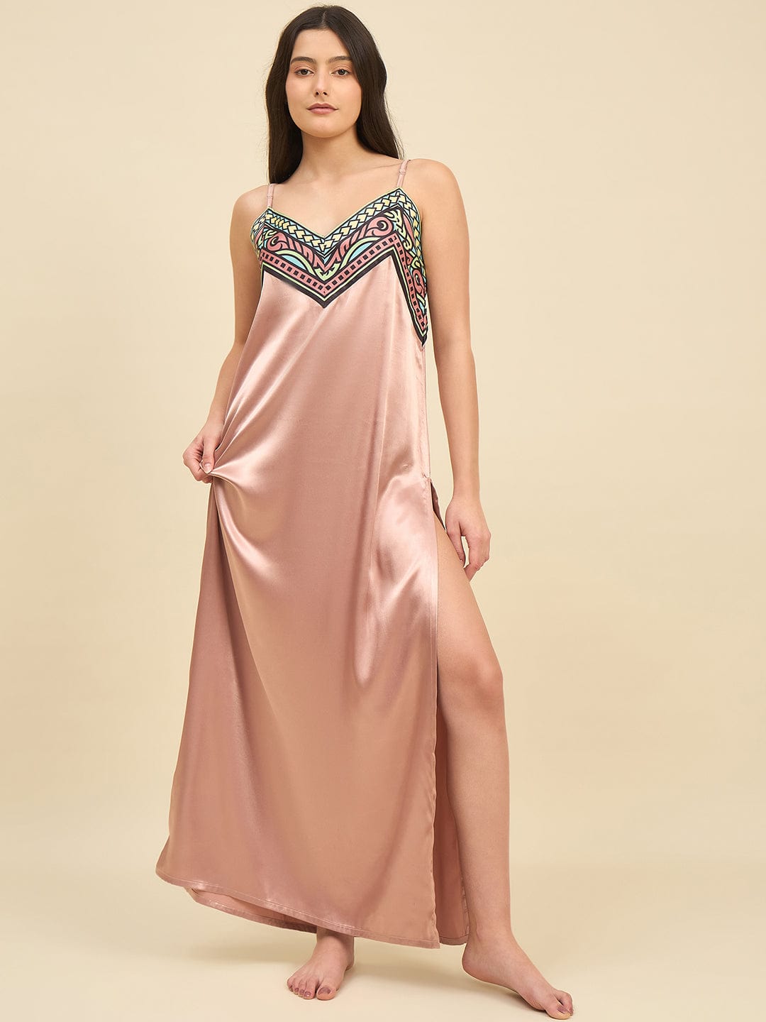 Rose Gold Satin Gown Set with Printed Border Trim Robe – Bridal Intimare S