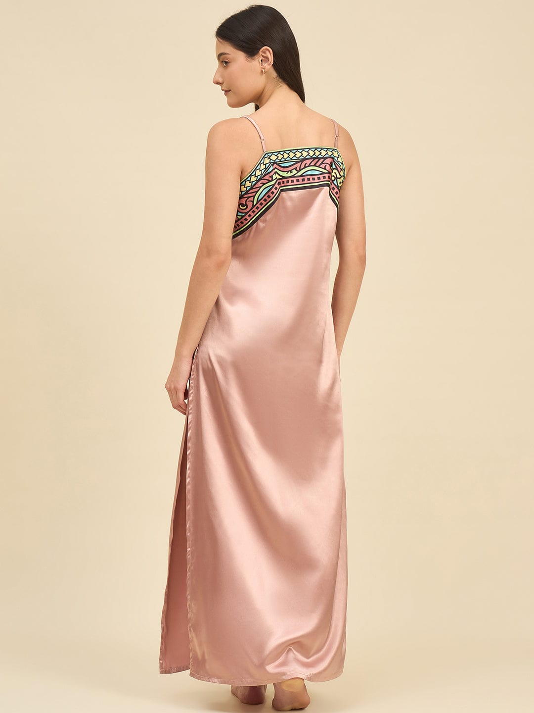 Rose Gold Satin Gown Set with Printed Border Trim & Robe Bridal Intimare 3XL Rose Gold Satin Gown Set with Printed Border Trim & Robe Bridal Intimare 3XL