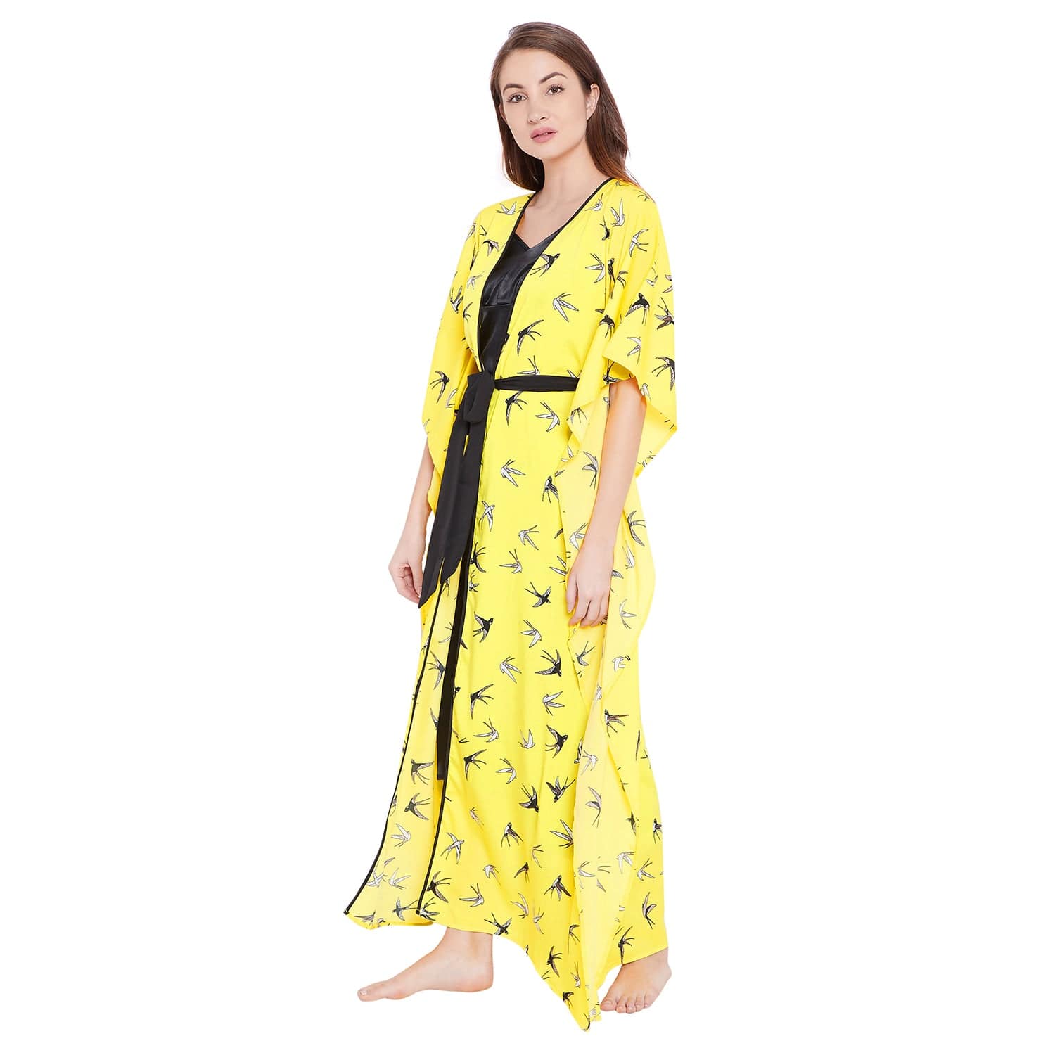The Kaftan Company Sleep Gowns S Yellow Birds Printed Gown Set