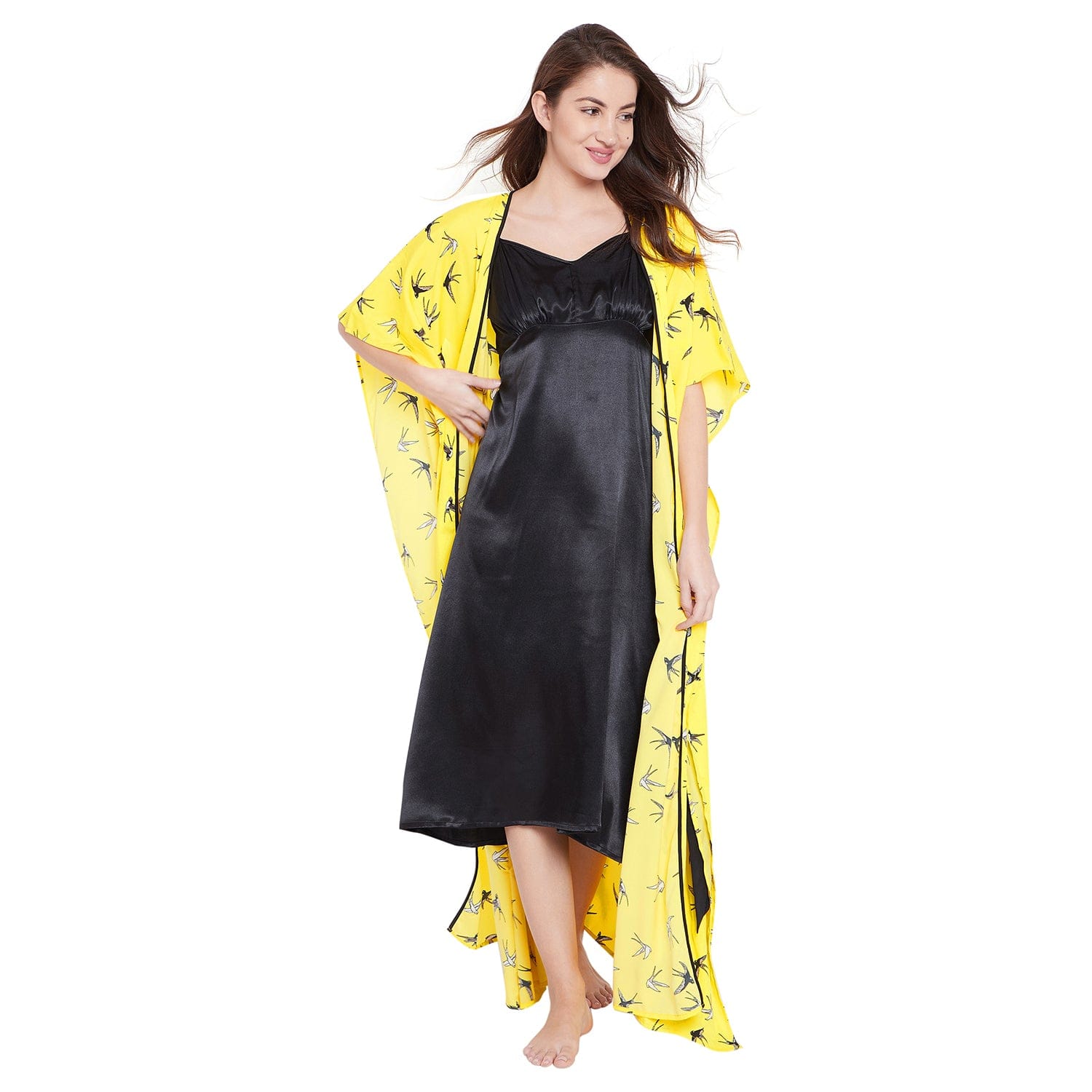 The Kaftan Company Sleep Gowns S Yellow Birds Printed Gown Set