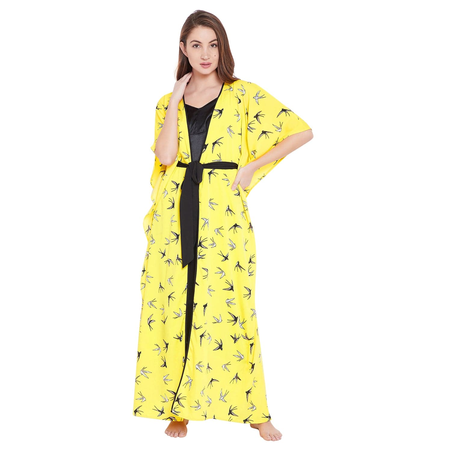The Kaftan Company Sleep Gowns S Yellow Birds Printed Gown Set