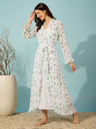 The Kaftan Company Sleep Gowns White Cactus Print Sheer Chiffon Robe Gown
