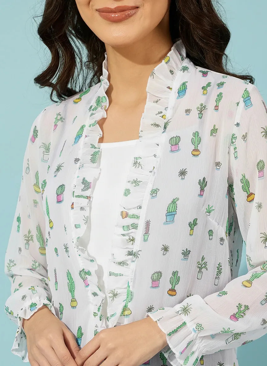 The Kaftan Company Sleep Gowns White Cactus Print Sheer Chiffon Robe Gown