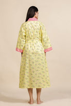 The Kaftan Company Sleep Gowns Yellow Floral Cotton Loungewear Gown with Pink Lace Trim