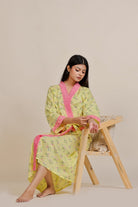 The Kaftan Company Sleep Gowns Yellow Floral Cotton Loungewear Gown with Pink Lace Trim