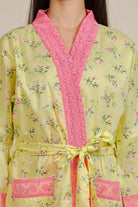 The Kaftan Company Sleep Gowns Yellow Floral Cotton Loungewear Gown with Pink Lace Trim