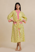 The Kaftan Company Sleep Gowns Yellow Floral Cotton Loungewear Gown with Pink Lace Trim