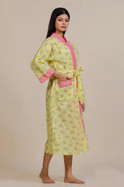 The Kaftan Company Sleep Gowns Yellow Floral Cotton Loungewear Gown with Pink Lace Trim