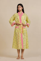 The Kaftan Company Sleep Gowns Yellow Floral Cotton Loungewear Gown with Pink Lace Trim