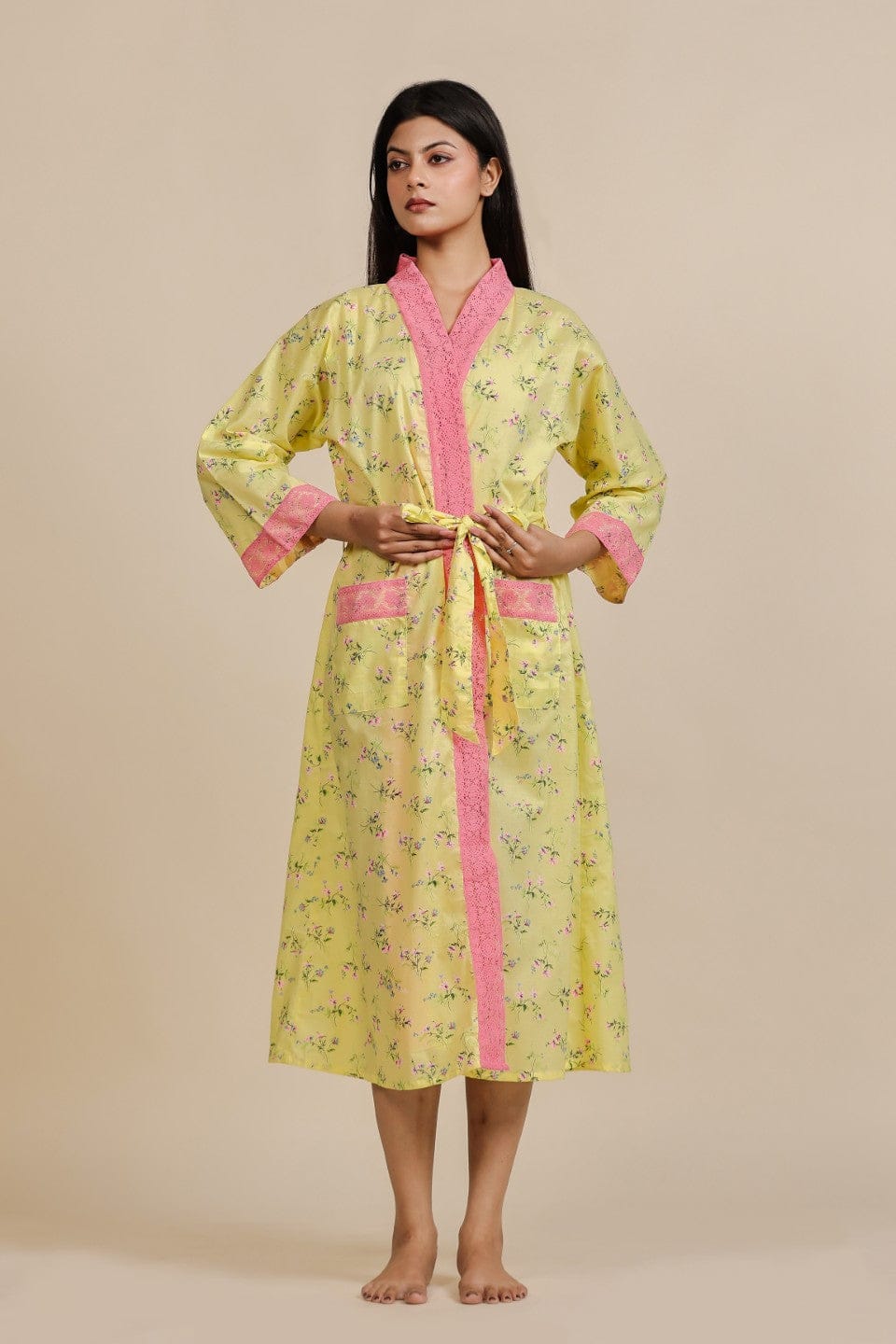 The Kaftan Company Sleep Gowns Yellow Floral Cotton Loungewear Gown with Pink Lace Trim