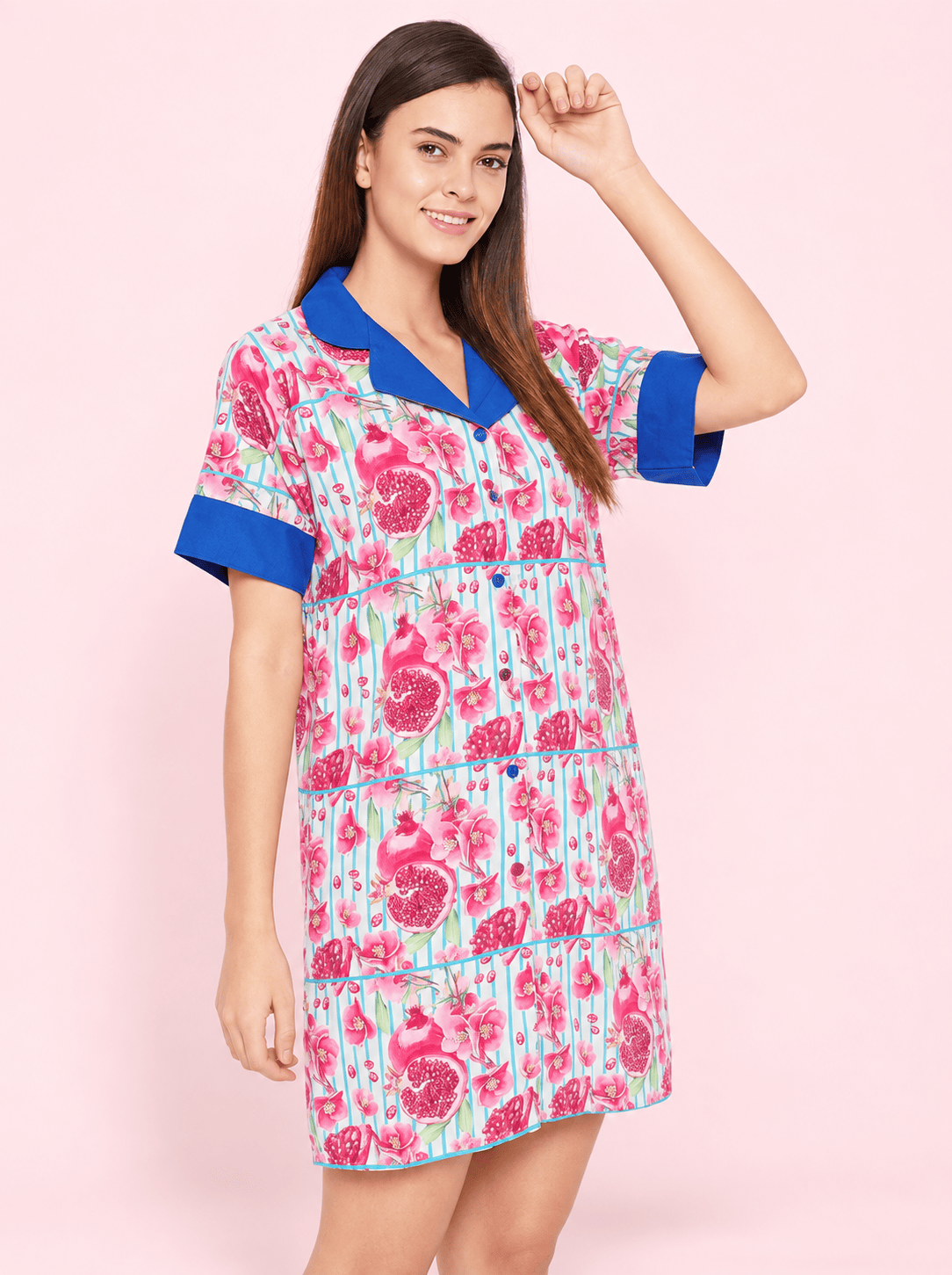 The Kaftan Company Sleep Shirt Pink Pomegranate Print Crepe Sleep Shirt with Blue Contrast Collar