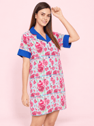 The Kaftan Company Sleep Shirt Pink Pomegranate Print Crepe Sleep Shirt with Blue Contrast Collar