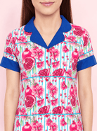 The Kaftan Company Sleep Shirt Pink Pomegranate Print Crepe Sleep Shirt with Blue Contrast Collar