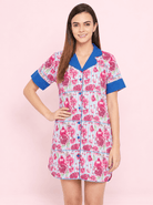 The Kaftan Company Sleep Shirt Pink Pomegranate Print Crepe Sleep Shirt with Blue Contrast Collar