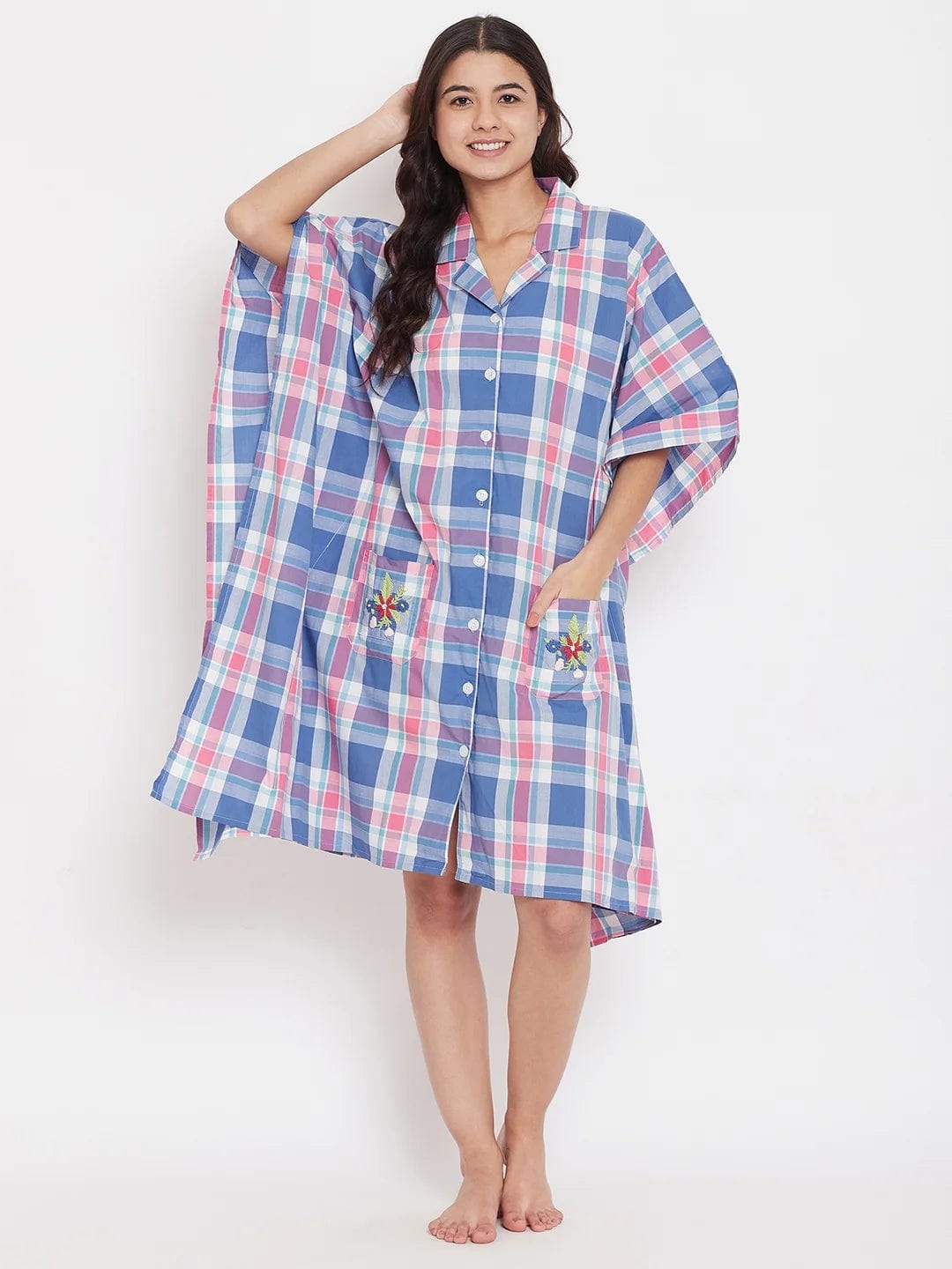 The Kaftan Company Sleepshirt CHECKS KNEE LENGTH KAFTAN WITH EMBROIDERED POCKETS