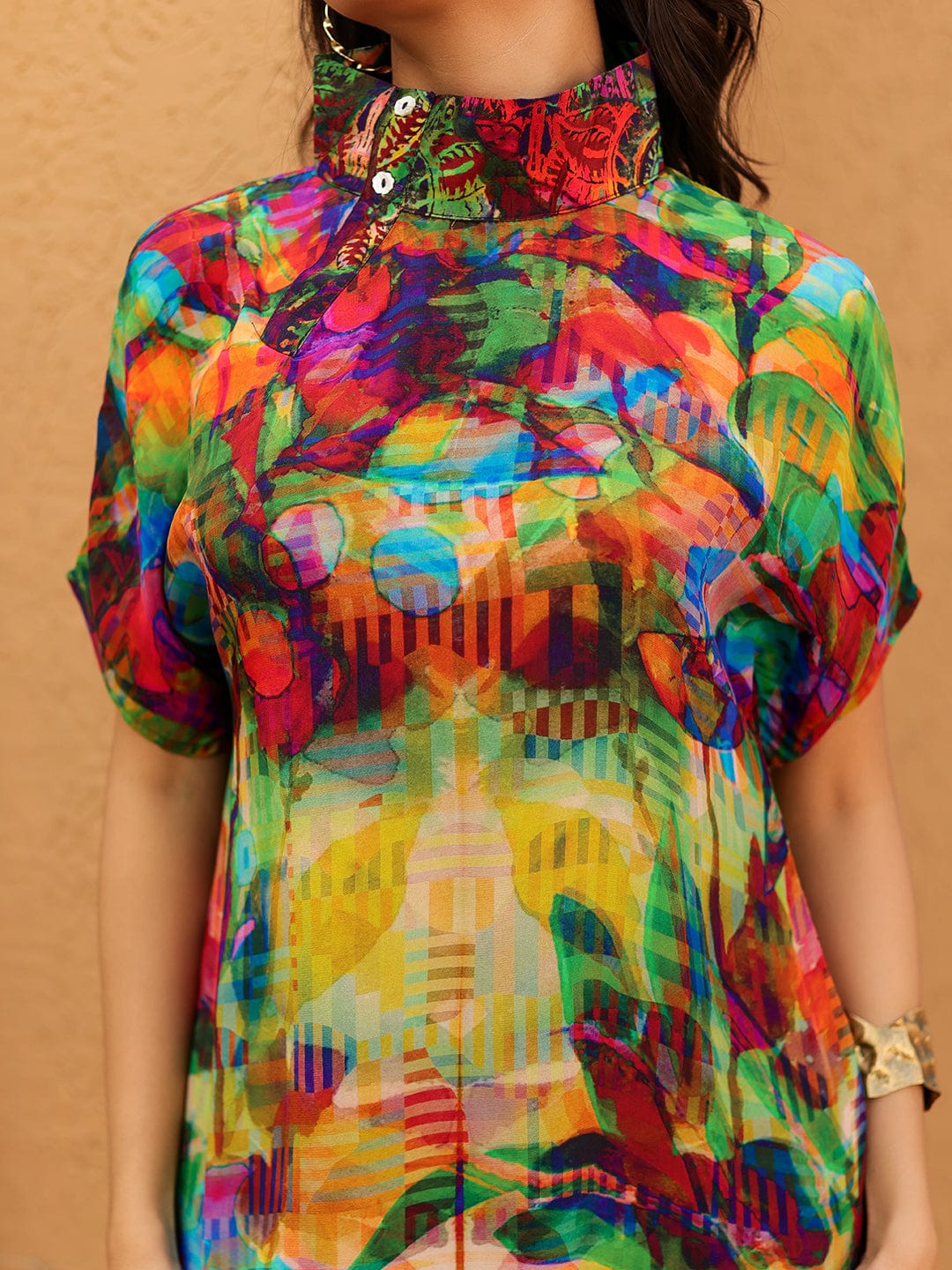 The Kaftan Company Tops Abstract Printed Natural Crepe Tunic Top with Short Sleeves