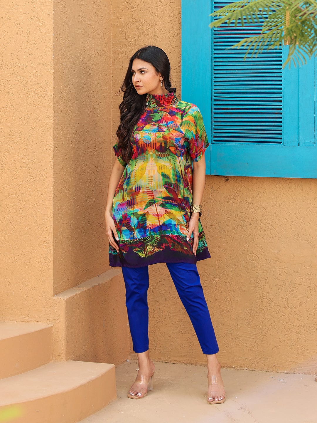 The Kaftan Company Tops Abstract Printed Natural Crepe Tunic Top with Short Sleeves
