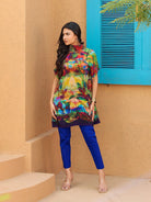 The Kaftan Company Tops Abstract Printed Natural Crepe Tunic Top with Short Sleeves