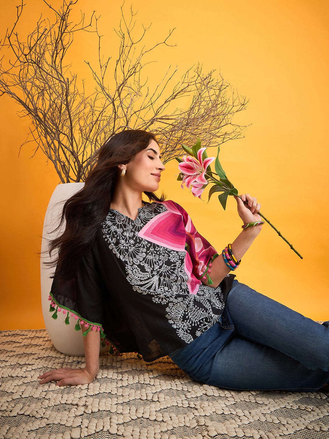 The Kaftan Company Tops Asymmetrical Doodle Black Kaftan Top