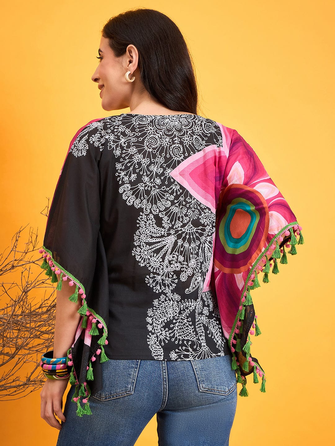 The Kaftan Company Tops Asymmetrical Doodle Black Kaftan Top