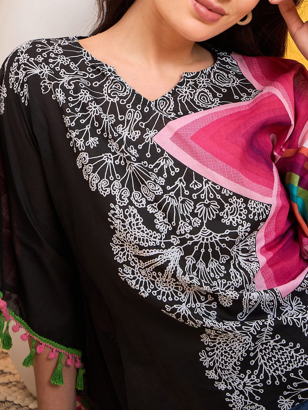 The Kaftan Company Tops Asymmetrical Doodle Black Kaftan Top