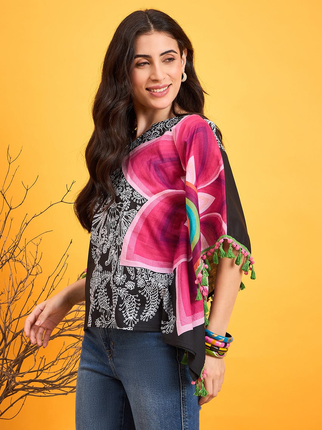 The Kaftan Company Tops Asymmetrical Doodle Black Kaftan Top