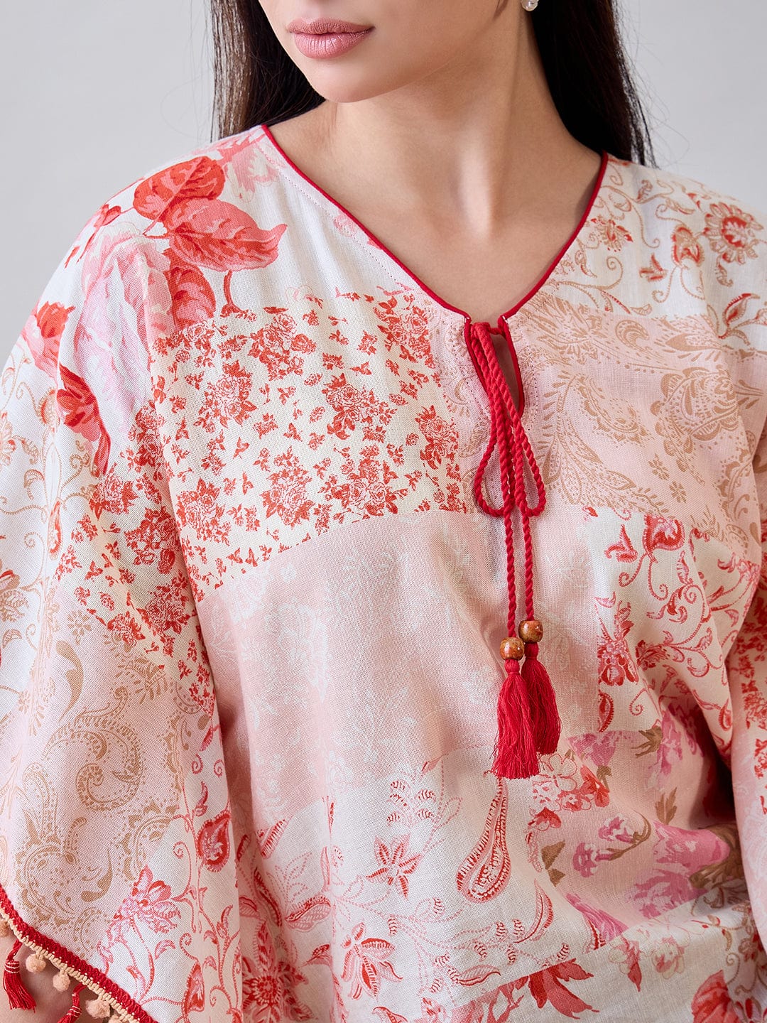 The Kaftan Company Tops Beige and Red Pom Pom Lace Embellished Cotton Kaftan Top