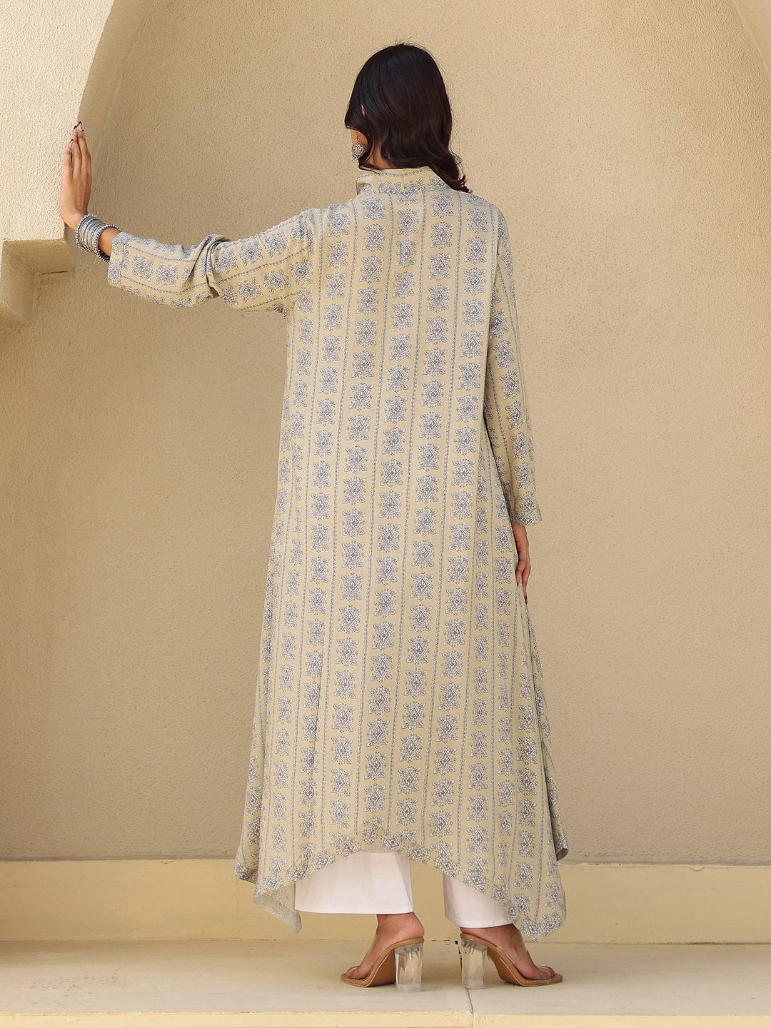 The Kaftan Company Tops Beige Print Viscose Asymmetrical Kurta