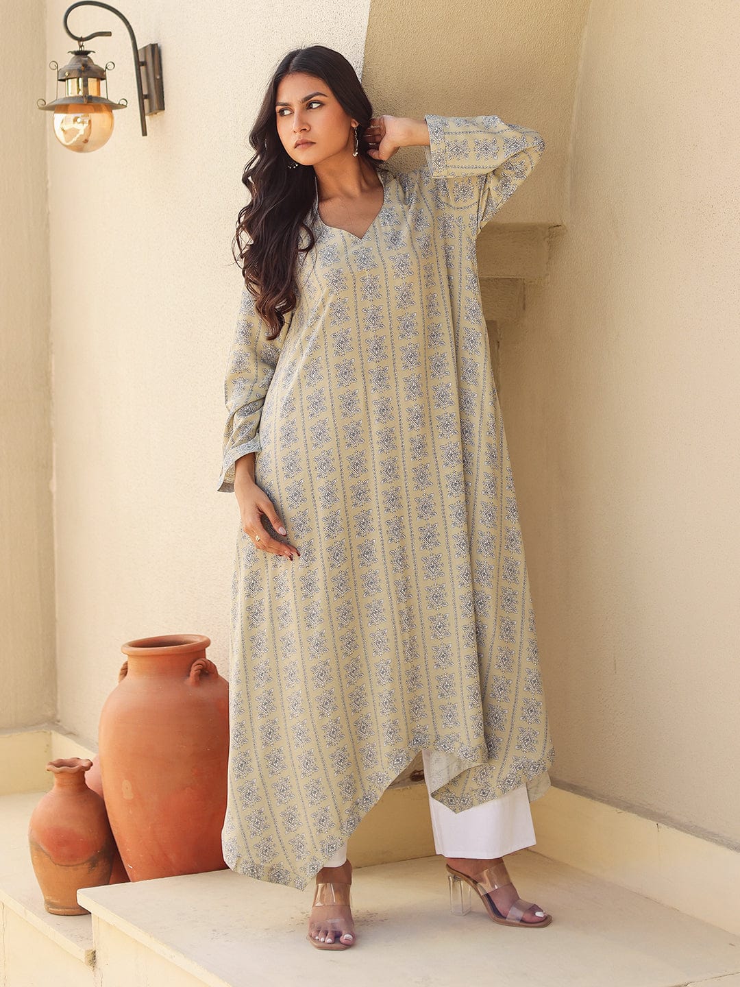 The Kaftan Company Tops Beige Print Viscose Asymmetrical Kurta