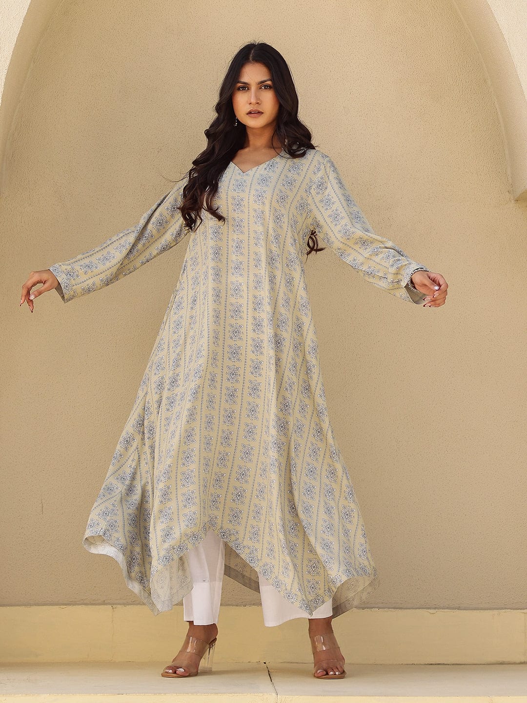 The Kaftan Company Tops Beige Print Viscose Asymmetrical Kurta