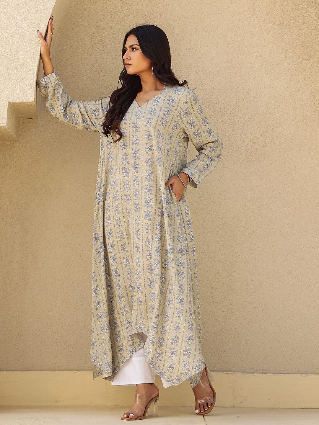 The Kaftan Company Tops Beige Print Viscose Asymmetrical Kurta