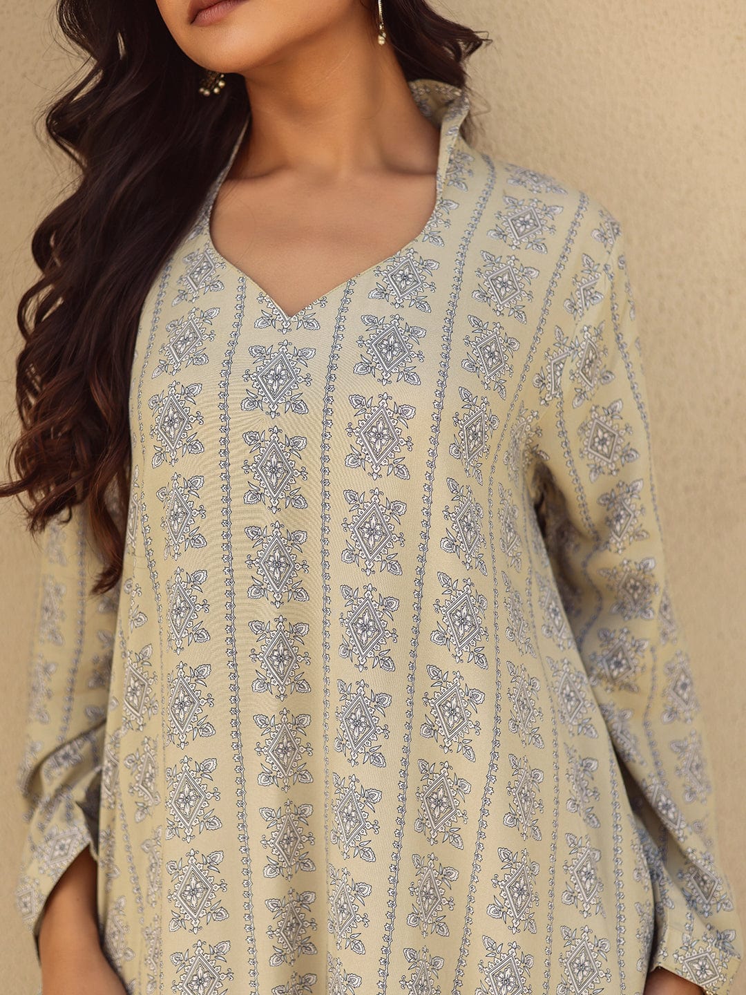 The Kaftan Company Tops Beige Print Viscose Asymmetrical Kurta