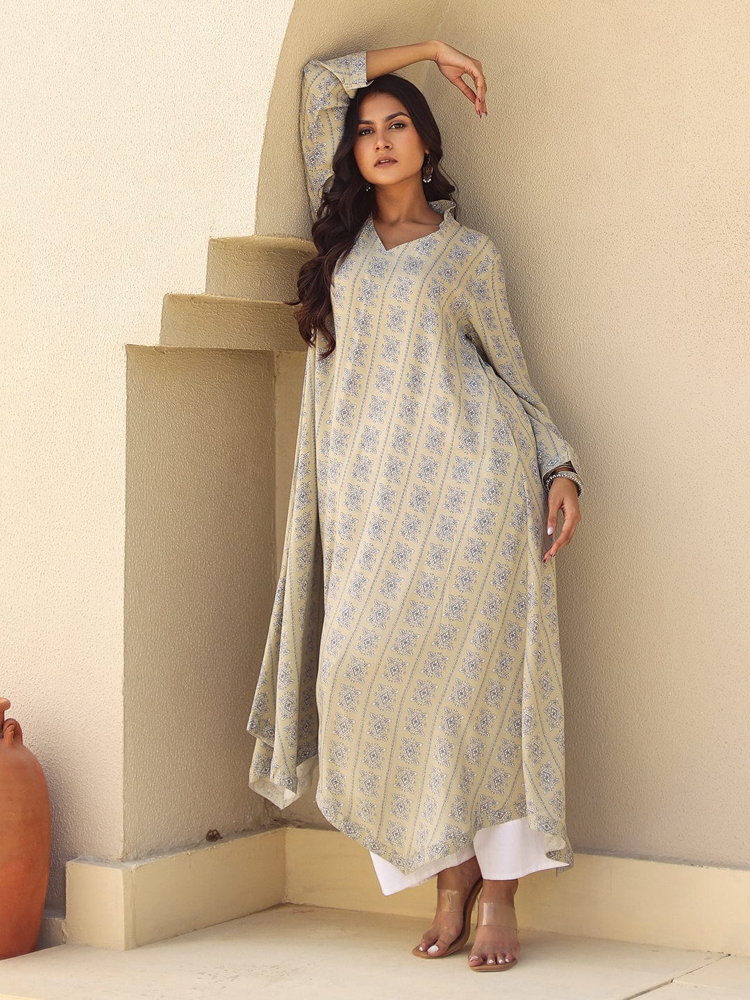 The Kaftan Company Tops Beige Print Viscose Asymmetrical Kurta