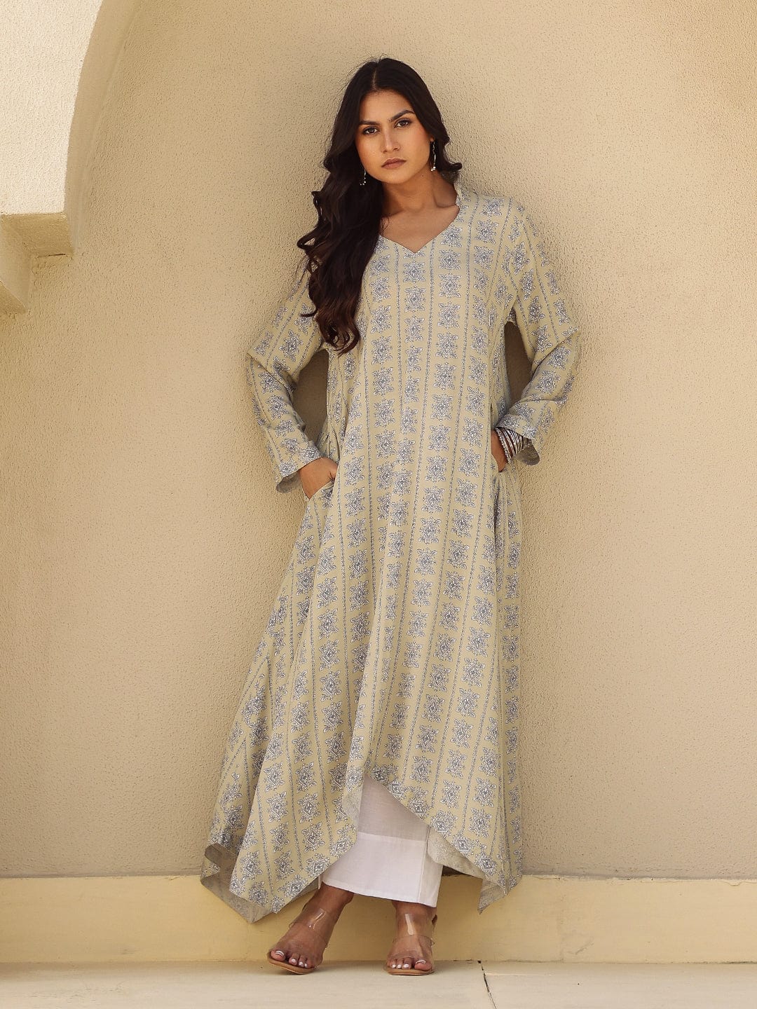 The Kaftan Company Tops Beige Print Viscose Asymmetrical Kurta